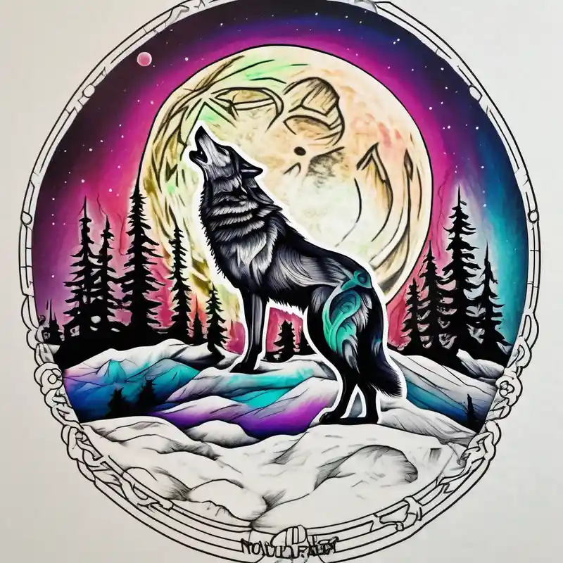 realistic style Ideas de Tatuajes de Lobos para 2025 & Generar gratis about lone wolf howling at full moon with northern lights backdrop 1oz-bottle-light-green and lone wolf howling at full moon with northern lights backdrop 1oz-bottle-light-green