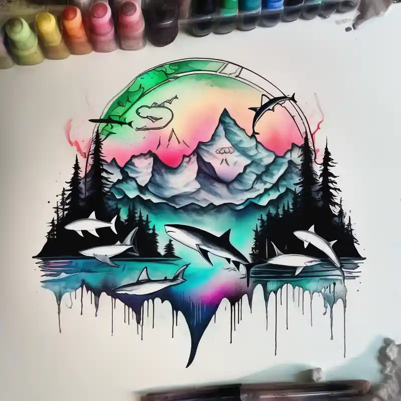 watercolor style Idées d'encre de tatouage vert clair en bouteille de 1 oz en 2025 about forest mountains under the northen lights with sharks. Contain everything in the shape of Africa 1oz-bottle-light-green and forest mountains under the northen lights with sharks. Contain everything in the shape of Africa 1oz-bottle-light-green