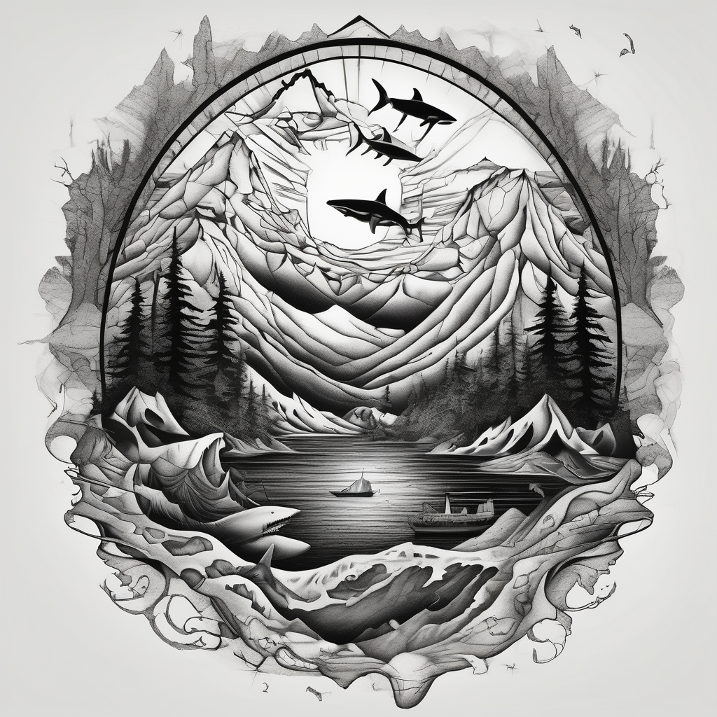 forest mountains under the northen lights with sharks and shipwrecks. Contain everything in the shape of Africa 1oz-bottle-light-green(AIが生成したシュルレアリスムスタイルのタトゥーデザイン)
