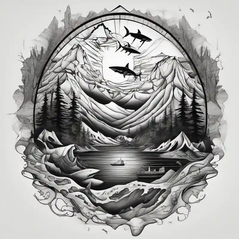 surreal style Idées d'encre de tatouage vert clair en bouteille de 1 oz en 2025 about forest mountains under the northen lights with sharks and shipwrecks. Contain everything in the shape of Africa 1oz-bottle-light-green and forest mountains under the northen lights with sharks and shipwrecks. Contain everything in the shape of Africa 1oz-bottle-light-green