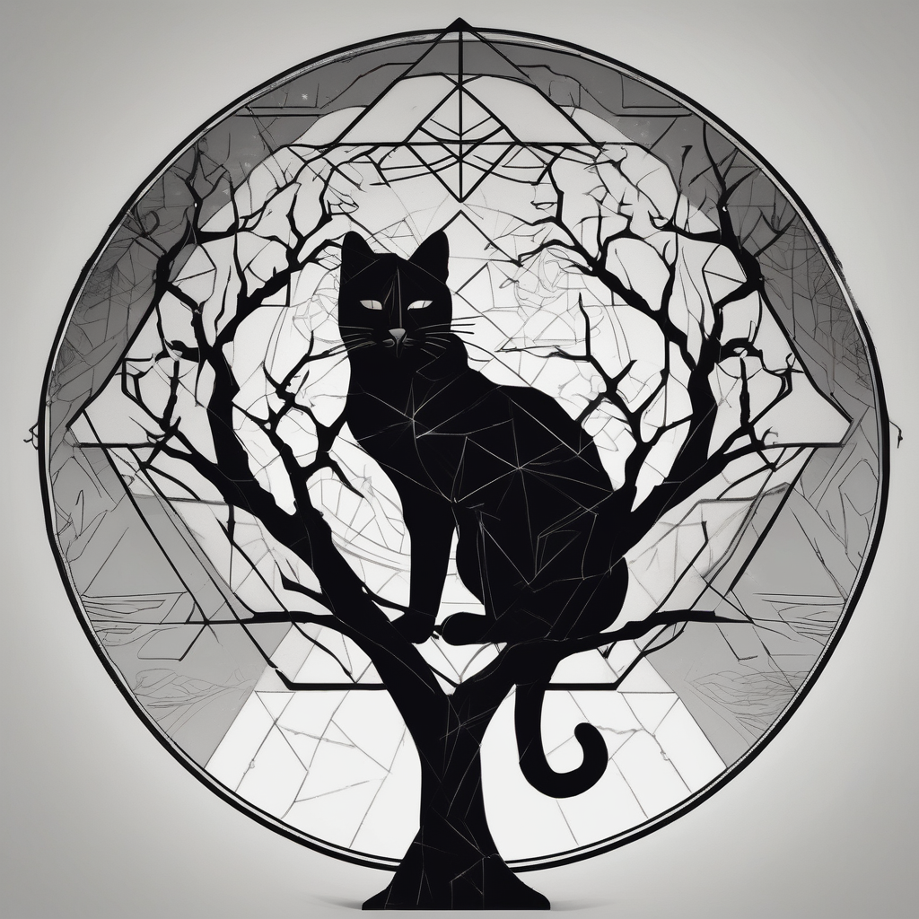 a cats sillhouette siting on a tree in the moon light 1oz-bottle-light-green(AIが生成したジオメトリックスタイルのタトゥーデザイン)