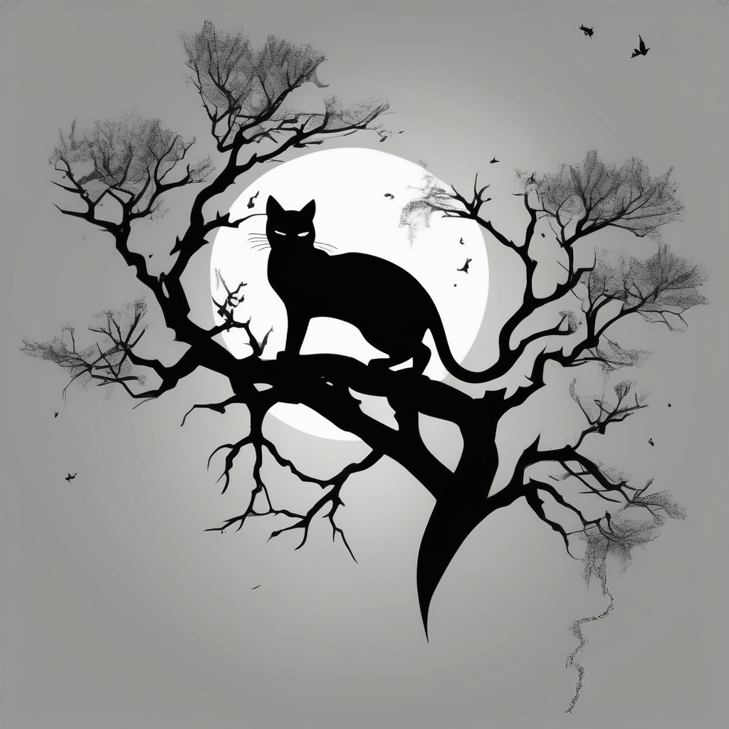 a cats sillhouette siting on a tree in the moon light 1oz-bottle-light-green(AIが生成した白黒スタイルのタトゥーデザイン)