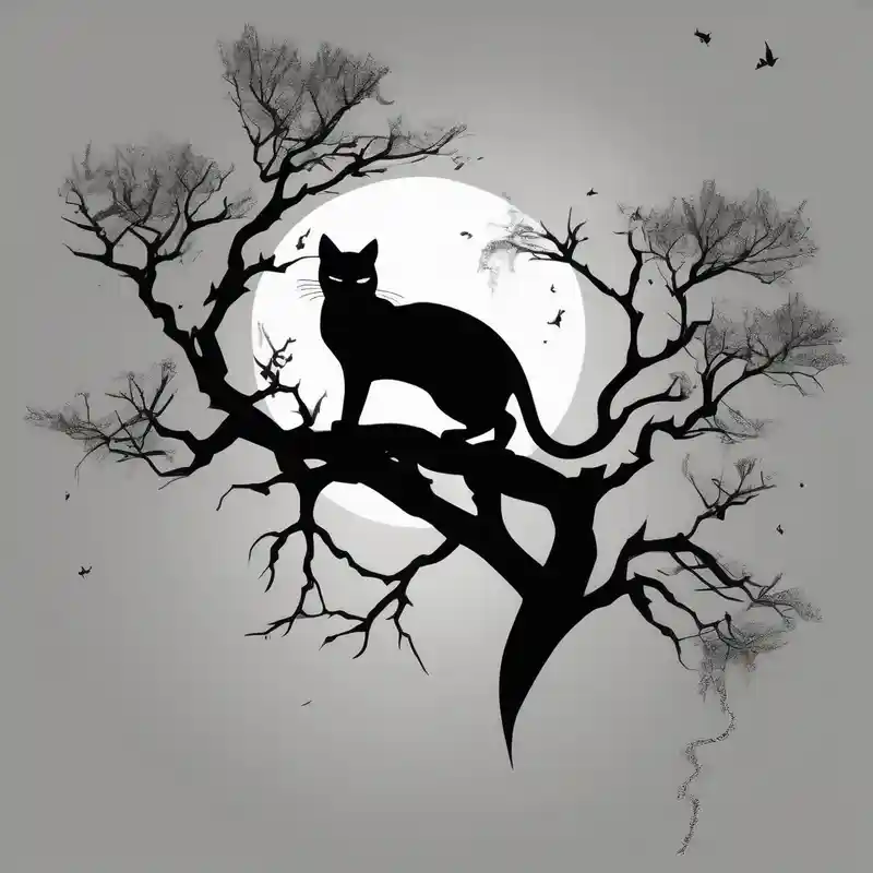black and white style Idées d'encre de tatouage vert clair en bouteille de 1 oz en 2025 about a cats sillhouette siting on a tree in the moon light 1oz-bottle-light-green and a cats sillhouette siting on a tree in the moon light 1oz-bottle-light-green
