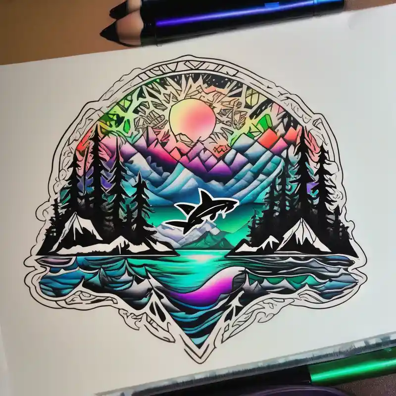 sketch style Idées d'encre de tatouage vert clair en bouteille de 1 oz en 2025 about forest mountains under the northen lights with sharks. Contain everything in the shape of Africa 1oz-bottle-light-green and forest mountains under the northen lights with sharks. Contain everything in the shape of Africa 1oz-bottle-light-green