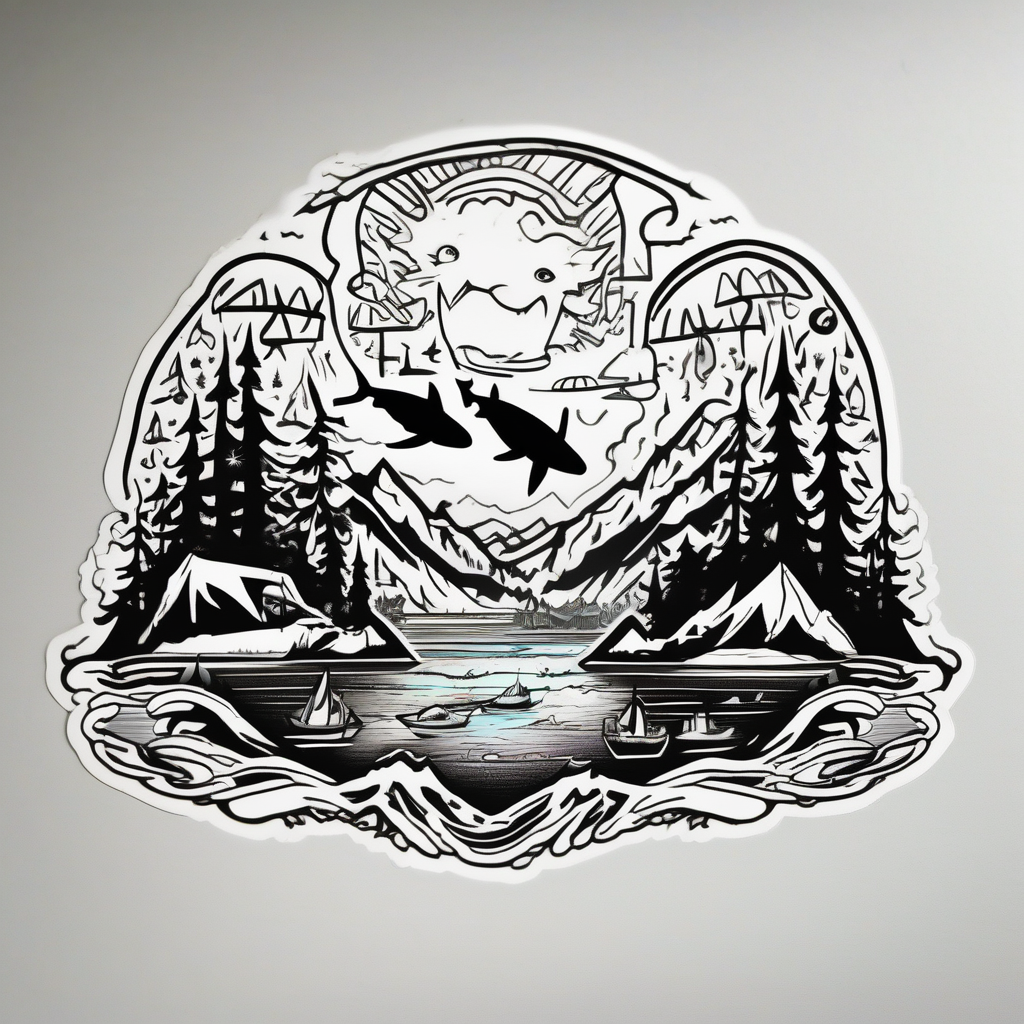 forest mountains under the northen lights with sharks and shipwrecks. Contain everything in the shape of Africa 1oz-bottle-light-green(AIが生成したカートゥーンスタイルのタトゥーデザイン)