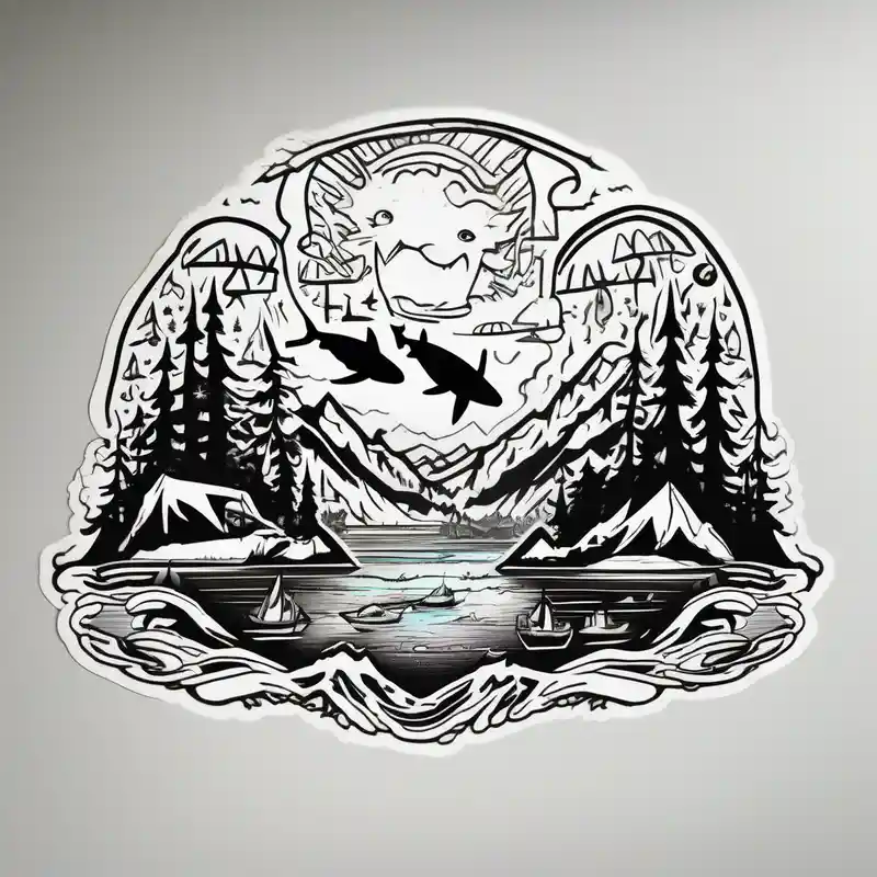 cartoon style Idées d'encre de tatouage vert clair en bouteille de 1 oz en 2025 about forest mountains under the northen lights with sharks and shipwrecks. Contain everything in the shape of Africa 1oz-bottle-light-green and forest mountains under the northen lights with sharks and shipwrecks. Contain everything in the shape of Africa 1oz-bottle-light-green