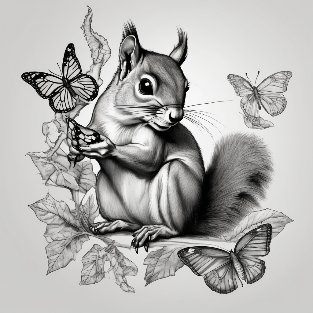 A Squirrel holding butterfly 3d-butterfly, diseño de tatuaje Realista generado con IA