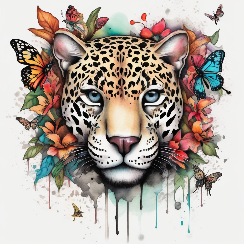 head of 3 jaguars (1 mother and 2 cubs) surrounded by butterflies and hummingbirds in new old school style 3d-butterfly, diseño de tatuaje Acuarela generado con IA
