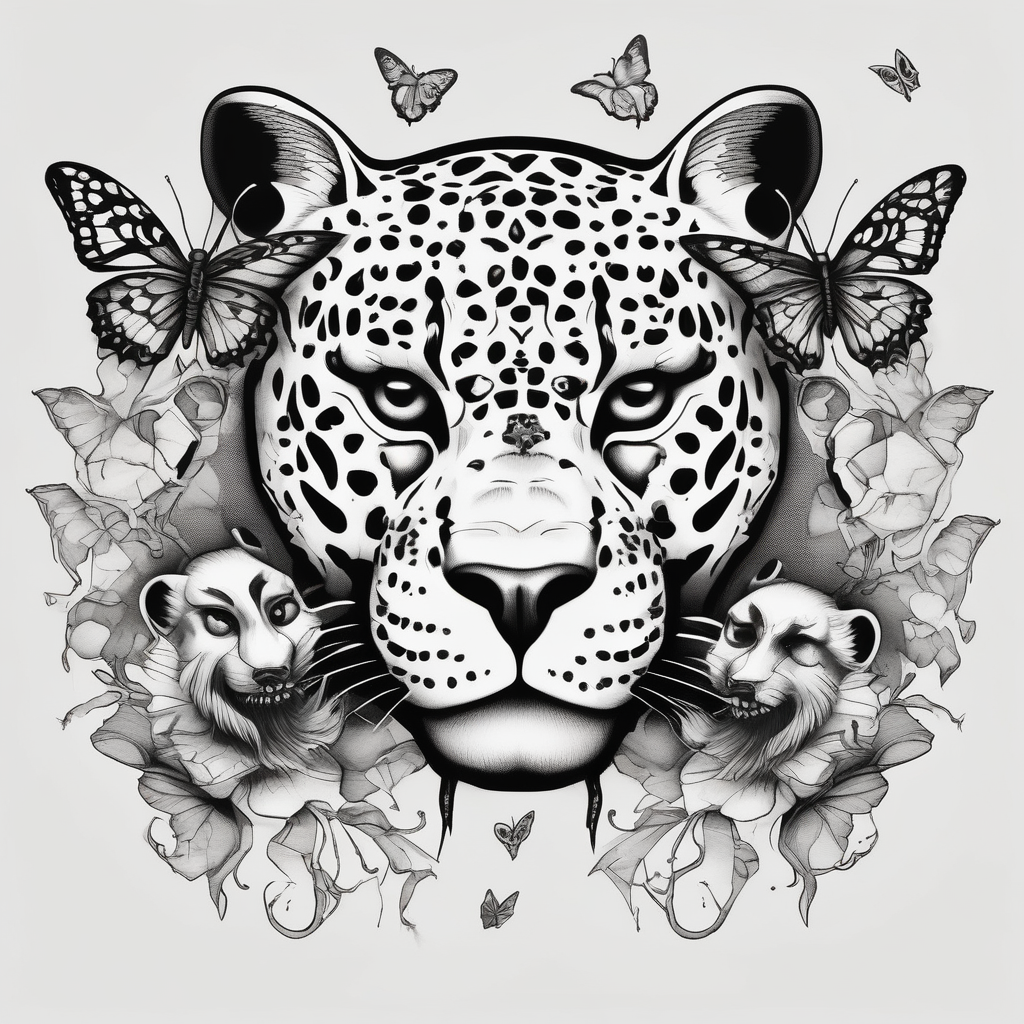 head of 3 jaguars (1 mother and 2 cubs) surrounded by butterflies and hummingbirds in new old school style 3d-butterfly, diseño de tatuaje Blanco y negro generado con IA