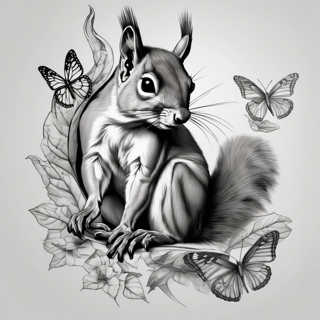 Squirrel holding butterfly 3d-butterfly, diseño de tatuaje Realista generado con IA
