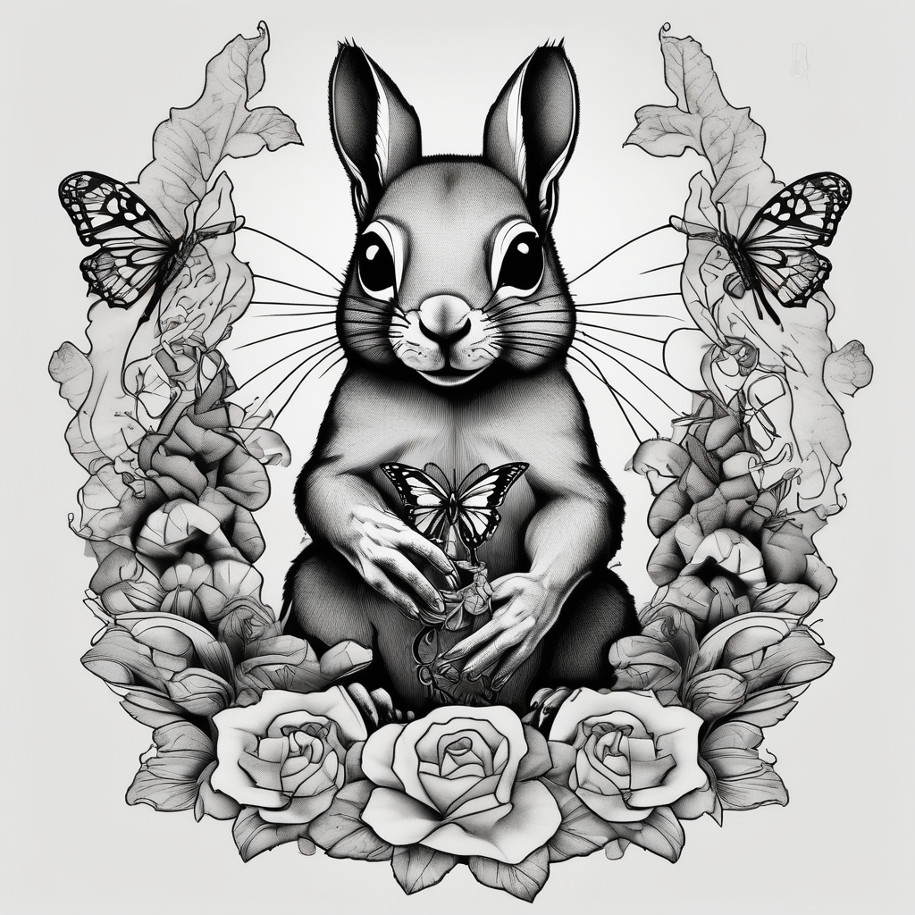 A Squirrel with a butterfly in hands 3d-butterfly, diseño de tatuaje Blackwork generado con IA