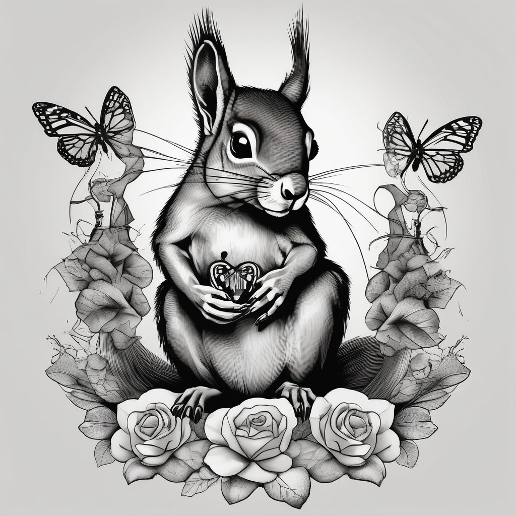 A Squirrel with a butterfly in hands 3d-butterfly, diseño de tatuaje Blanco y negro generado con IA
