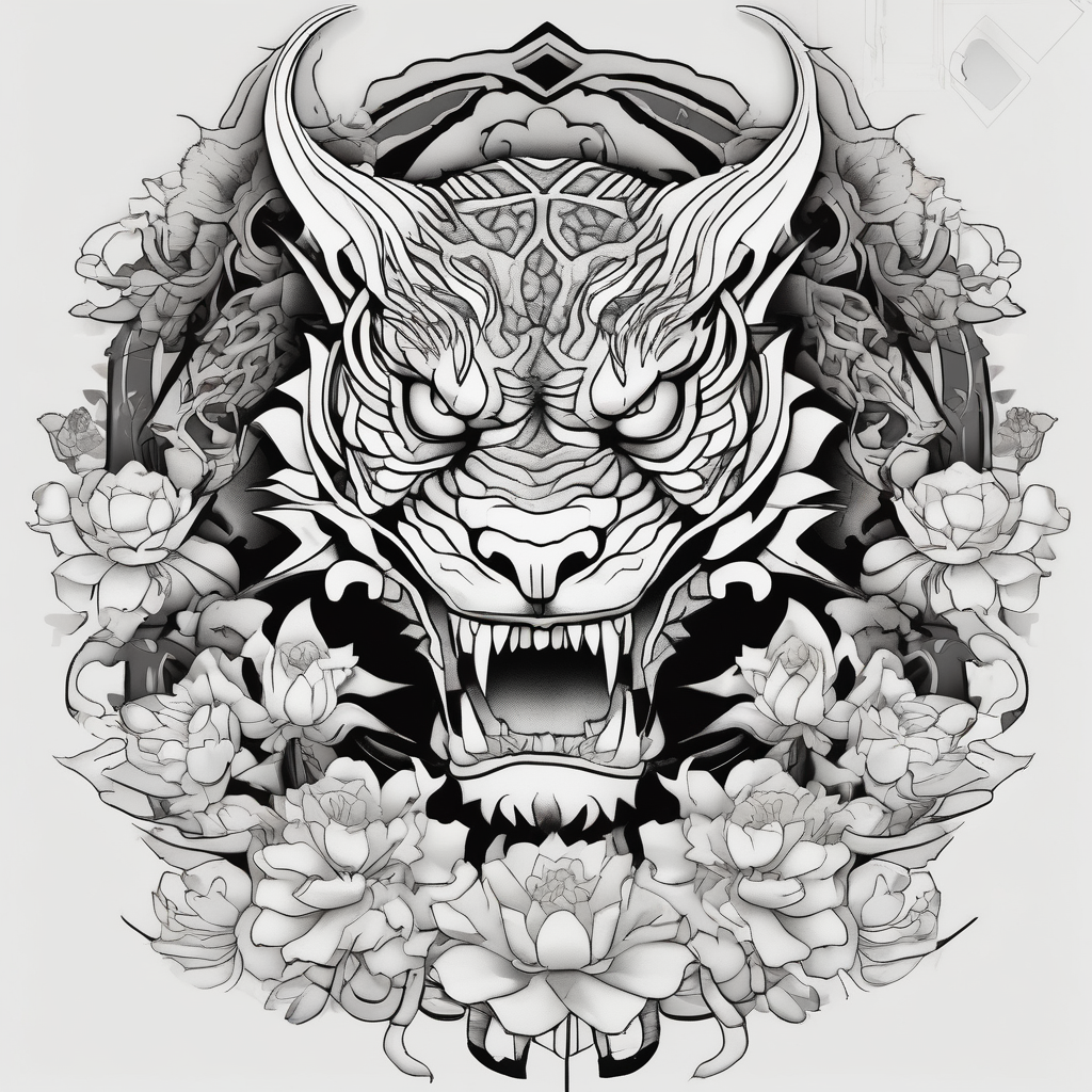 mangang dragon totem with lotus flowers and tiger with the sun and crescent moon tattoo idea, diseño de tatuaje Geométrico generado con IA