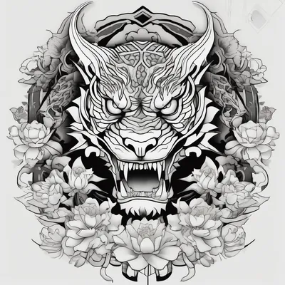 mangang dragon totem with lotus flowers and tiger with the sun and crescent moon tattoo idea
