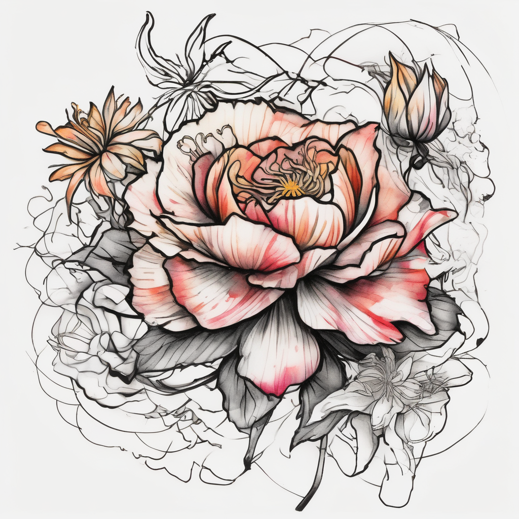 a vibrant, watercolor tattoo with one rose, one lily, one marigold, and one cosmos flower amber-rose(AIが生成した和彫りスタイルのタトゥーデザイン)
