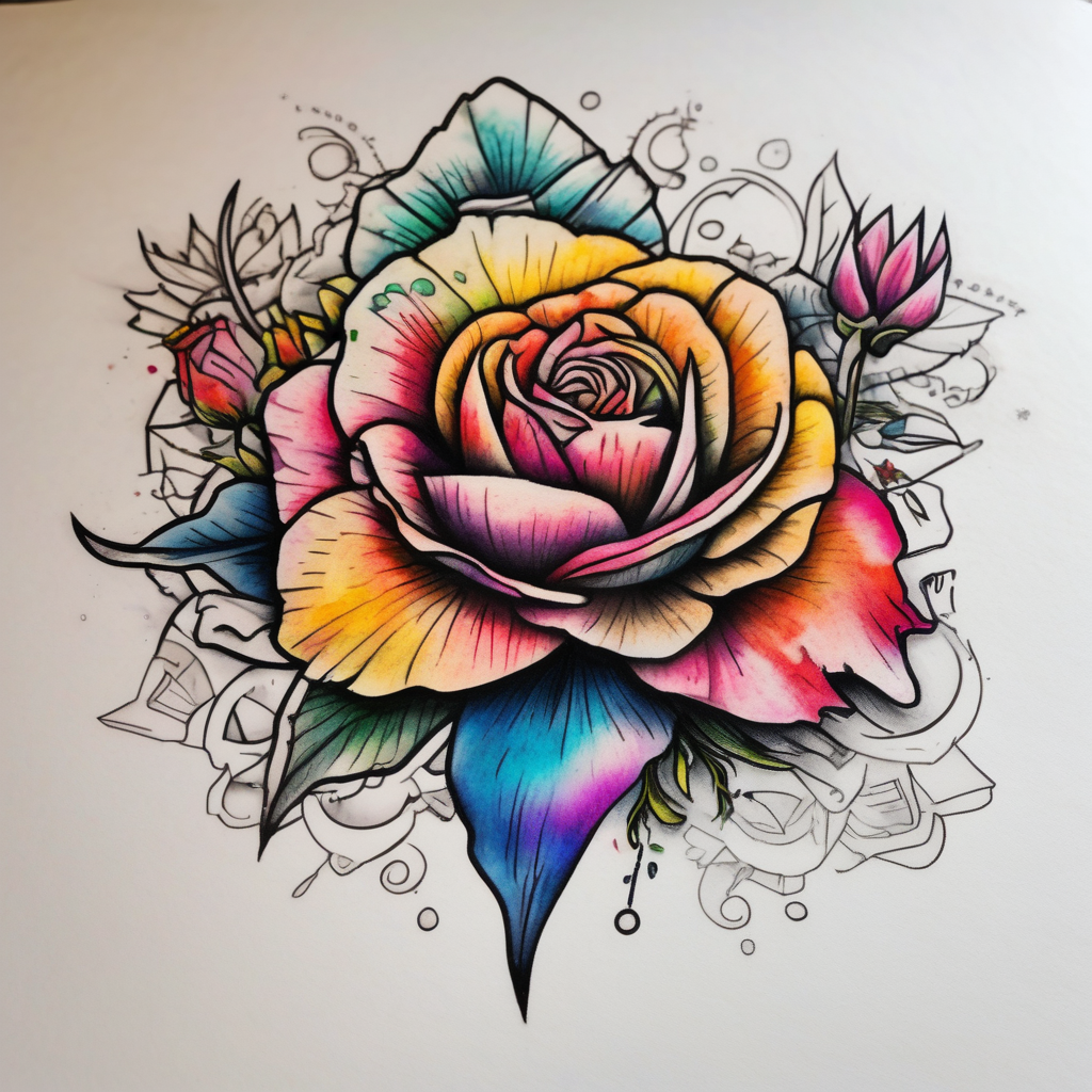 a colorful, vibrant, rainbow watercolor tattoo with one rose, one lily, one marigold, and one cosmos flower and with splashes of color amber-rose(AIが生成したオールドスクールスタイルのタトゥーデザイン)