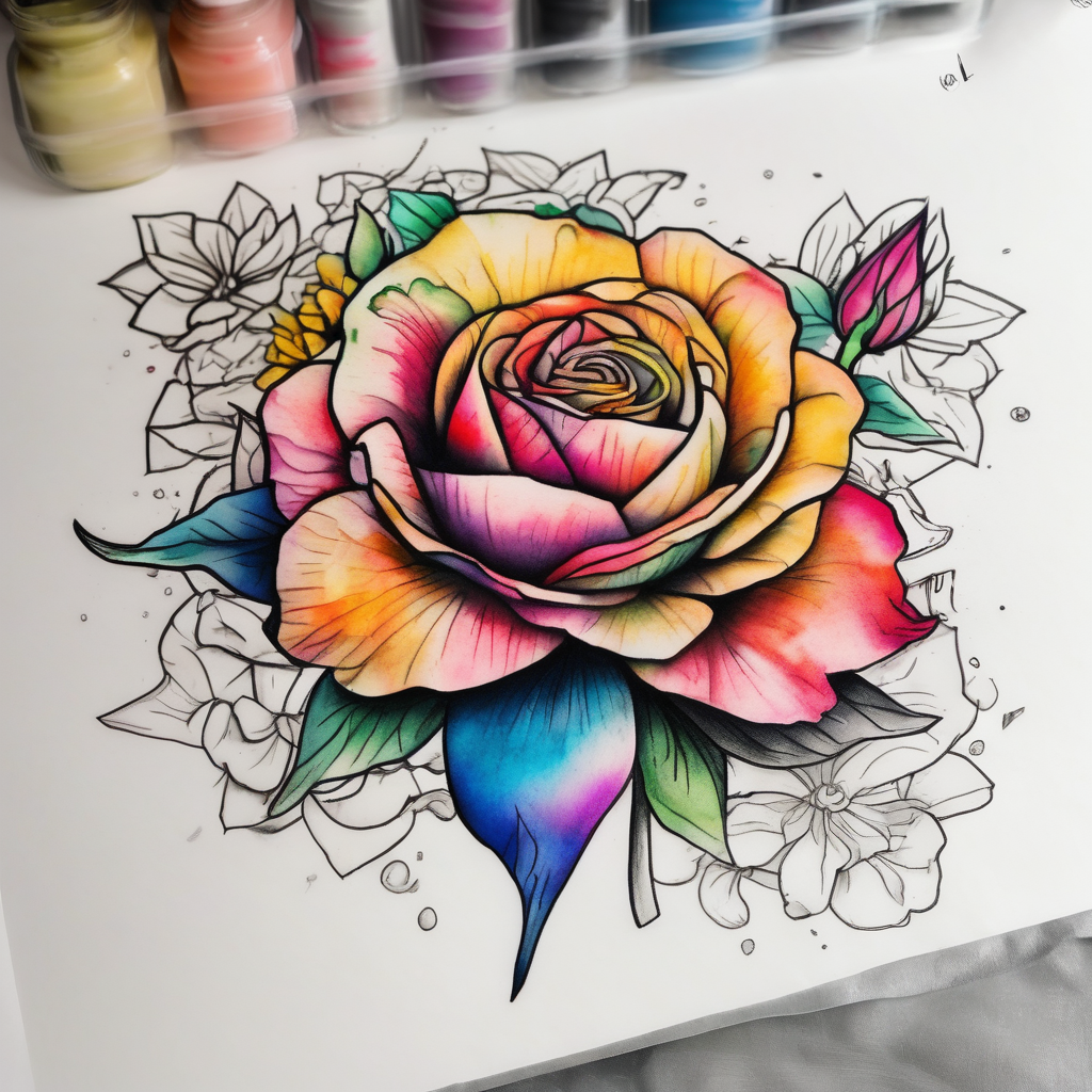 a colorful, vibrant, rainbow watercolor tattoo with one rose, one lily, one marigold, and one cosmos flower and with splashes of color amber-rose(AIが生成したミニマルスタイルのタトゥーデザイン)