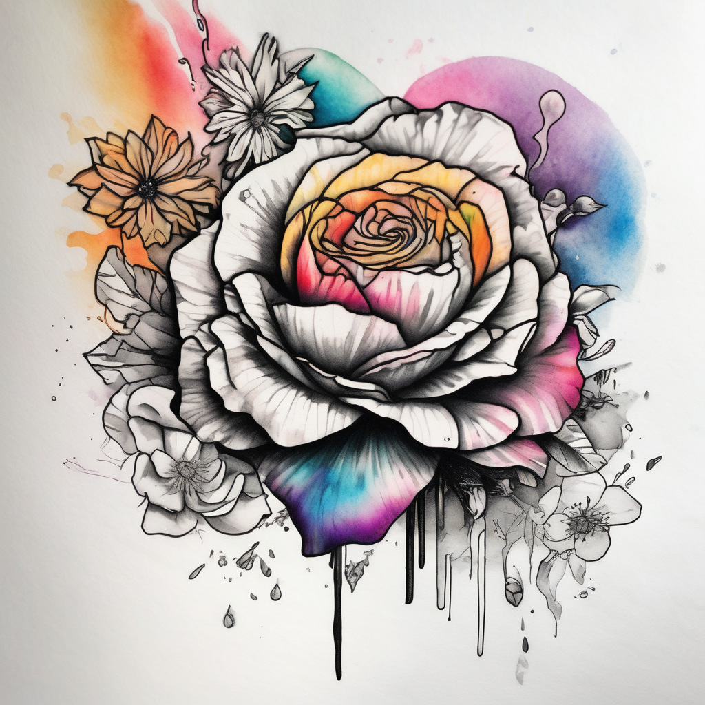 a watercolor tattoo with one rose, one lily, one marigold, and one cosmos flower. Half of it should be black and white and it should transition into rainbow amber-rose(AIが生成したシュルレアリスムスタイルのタトゥーデザイン)