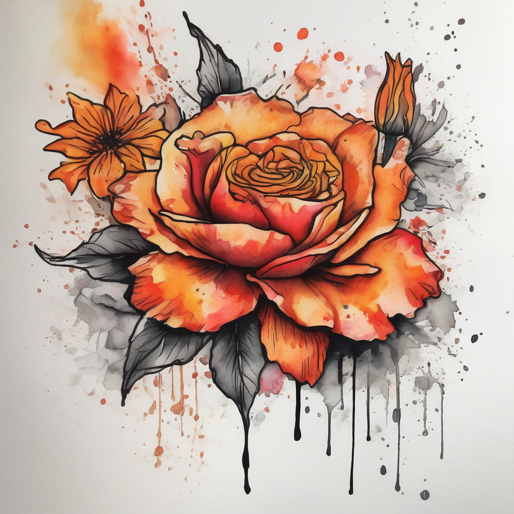 a colorful, vibrant, watercolor tattoo with one red rose, one orange lily, one gold marigold, and one orange cosmos flower and with splashes of color amber-rose(AIが生成した水彩スタイルのタトゥーデザイン)