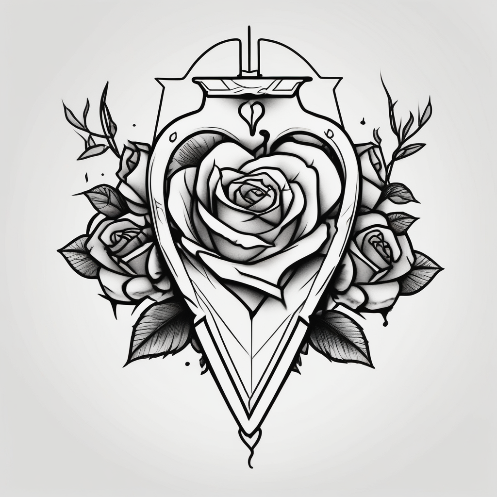 dagger piercing a heart with roses amber-rose(AIが生成したミニマルスタイルのタトゥーデザイン)