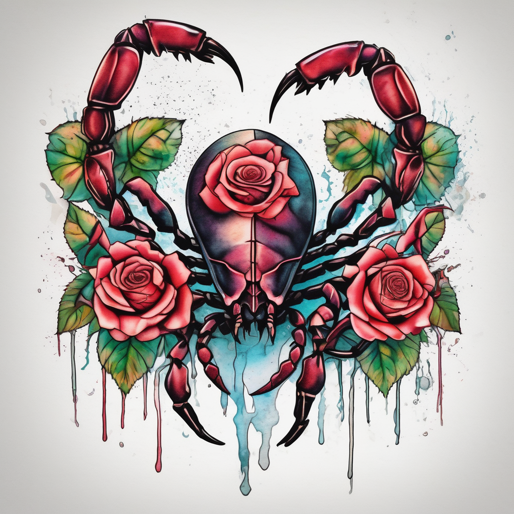 Scorpion with roses amber-rose(AIが生成した水彩スタイルのタトゥーデザイン)