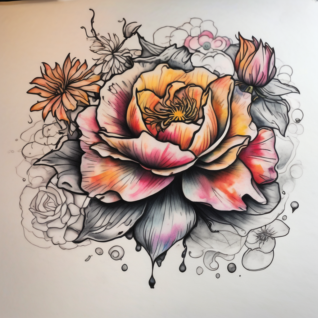 a watercolor tattoo with one rose, one lily, one marigold, and one cosmos flower. Half of it should be black and white and it should transition into rainbow amber-rose(AIが生成した和彫りスタイルのタトゥーデザイン)