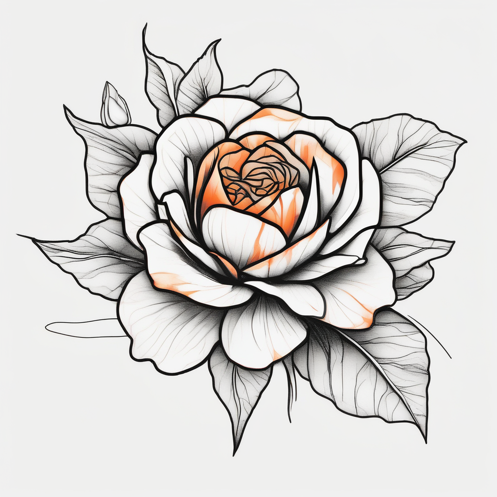 a colorful, vibrant, watercolor tattoo with one red rose, one orange lily, one gold marigold, and one orange cosmos flower and with splashes of color amber-rose(AIが生成したミニマルスタイルのタトゥーデザイン)