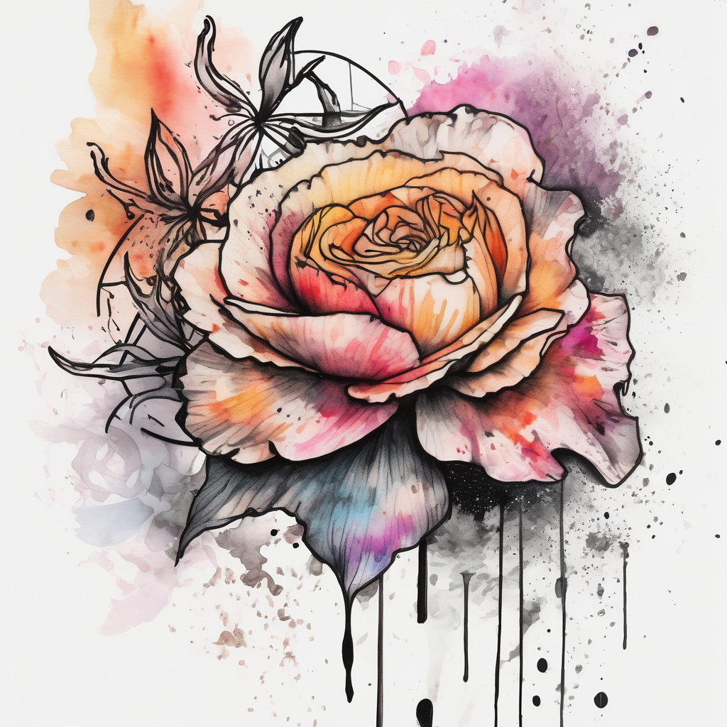 a vibrant, watercolor tattoo with one rose, one lily, one marigold, and one cosmos flower amber-rose(AIが生成した水彩スタイルのタトゥーデザイン)