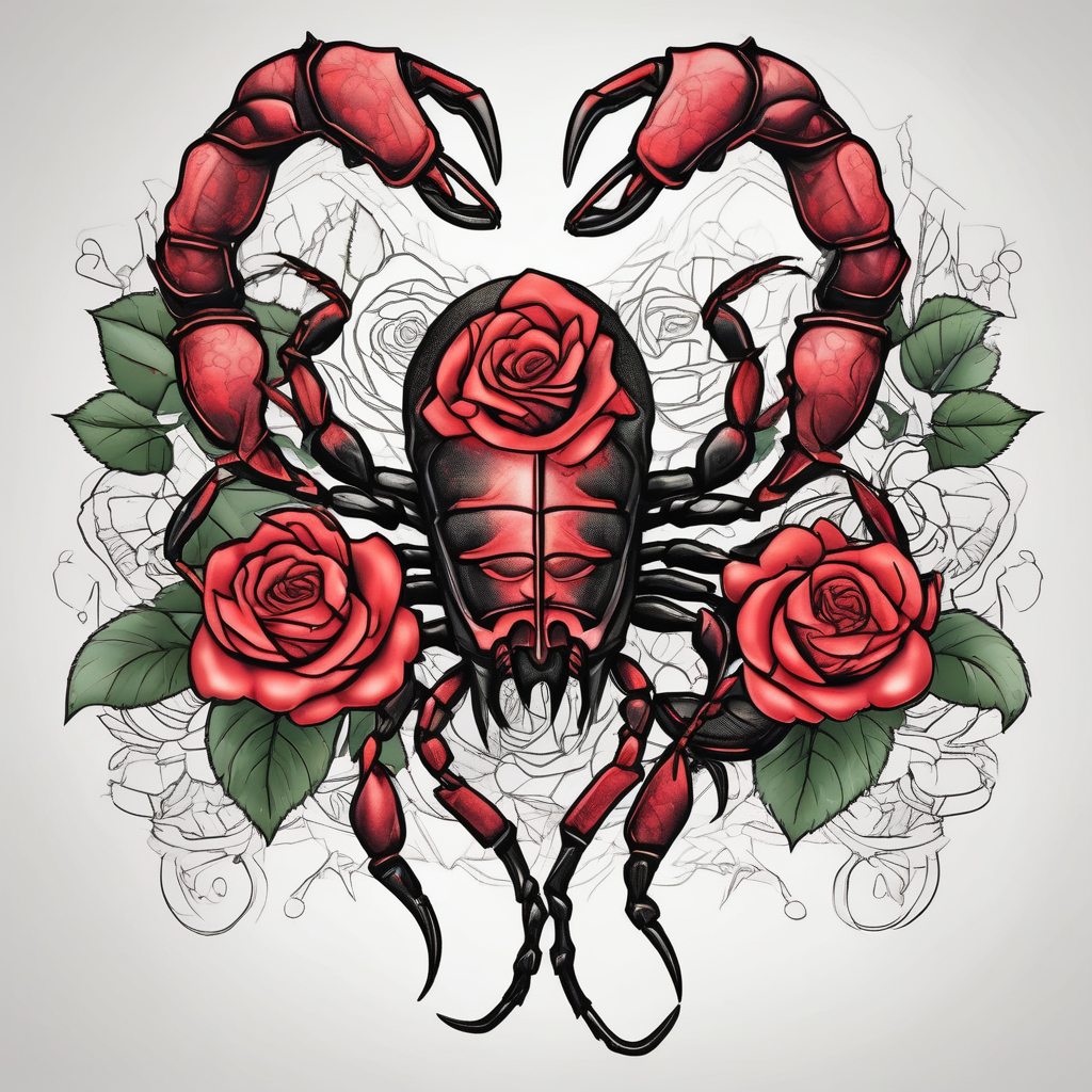 Scorpion with roses amber-rose(AIが生成したスケッチスタイルのタトゥーデザイン)