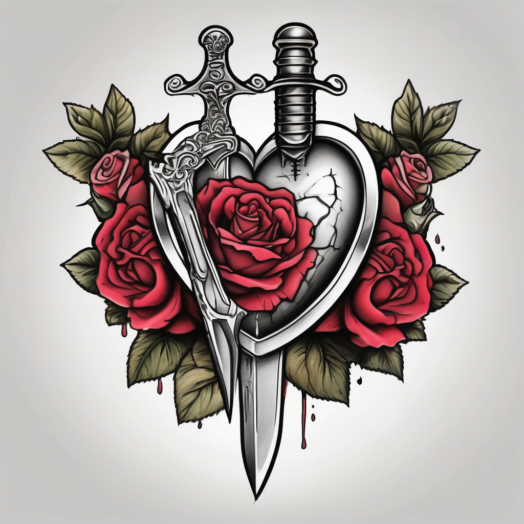 dagger piercing a heart with roses amber-rose(AIが生成したリアリズムスタイルのタトゥーデザイン)