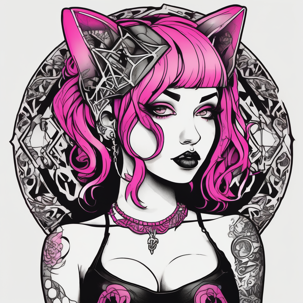 hot goth girl with puppy ears and with piercings on face and big boobs and big butt with black outfit on with pink hair and-piercing-shop, AI-generated Blackwork tattoo design