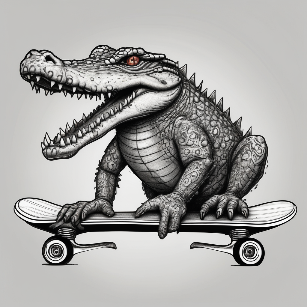 crocodile riding a skateboard with piercings and tattoos and-piercing-shop, AI-generated Realistic tattoo design