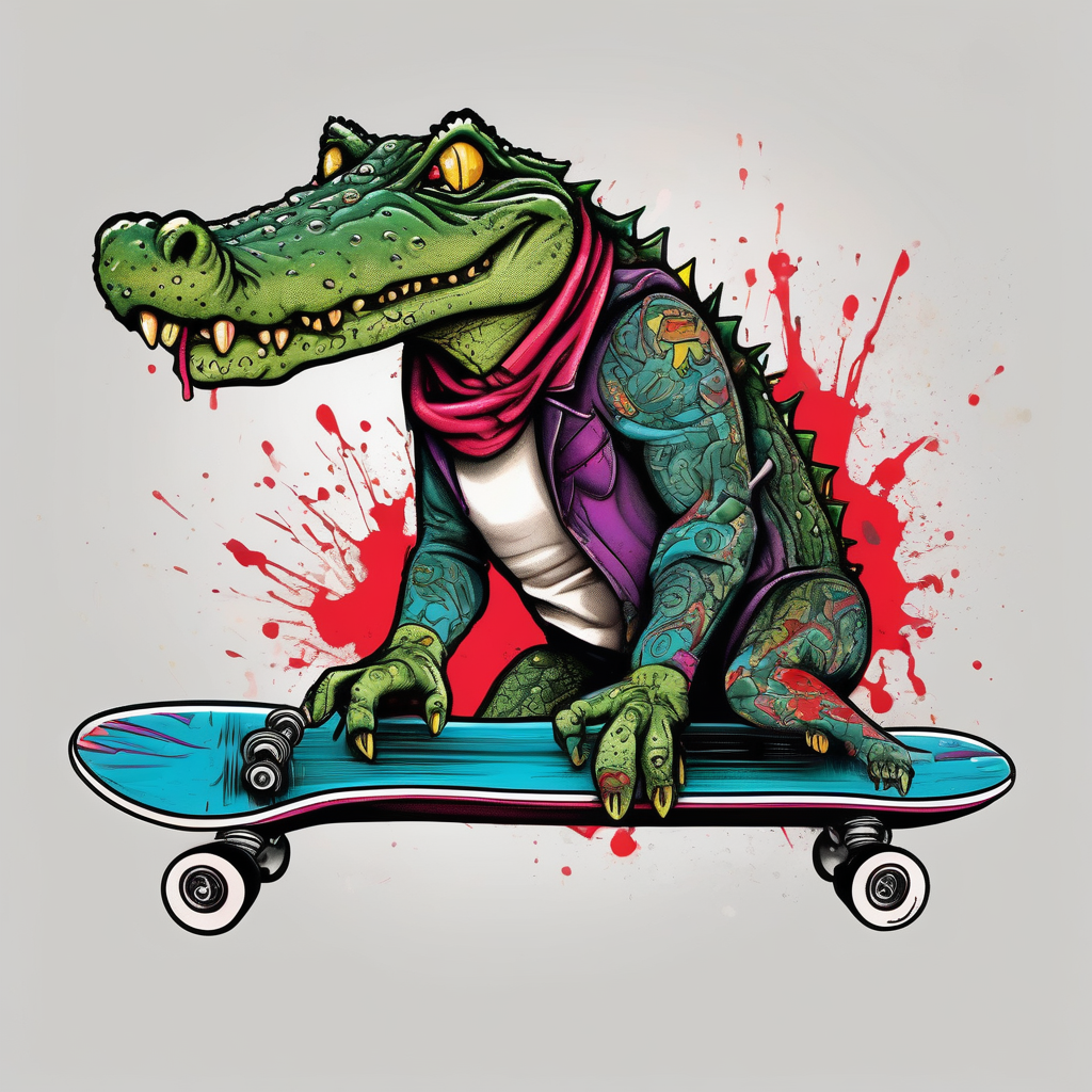 crocodile riding a skateboard with piercings and tattoos and-piercing-shop, AI-generated Watercolor tattoo design