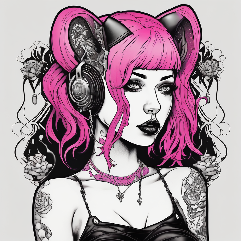 hot goth girl with puppy ears and with piercings on face and big boobs and big butt full body with black outfit on with pink hair and-piercing-shop, AI-generated Surreal tattoo design