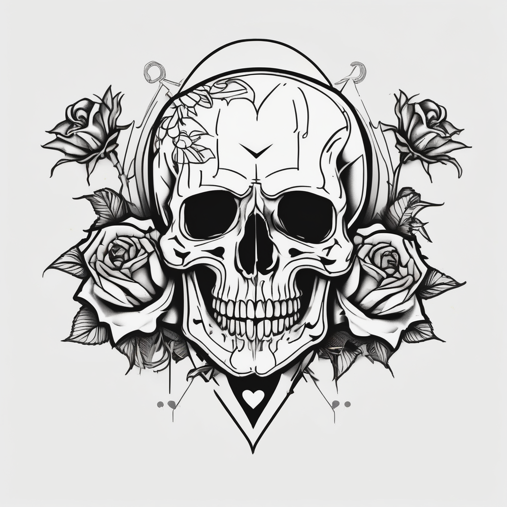 Skull, dagger piercing a heart with roses and sunflowers and-piercing-shop, AI-generated Minimalist tattoo design