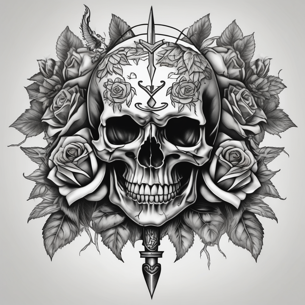 Skull, dagger piercing a heart with roses and sunflowers and-piercing-shop, AI-generated Realistic tattoo design