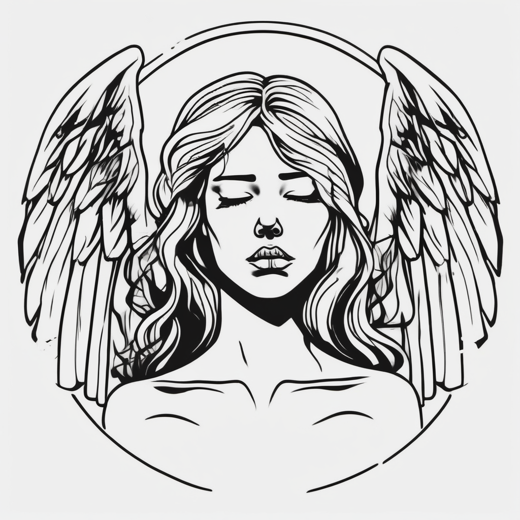 Beautiful woman angel crying over a tombstone angel-of-death, diseño de tatuaje Minimalista generado con IA