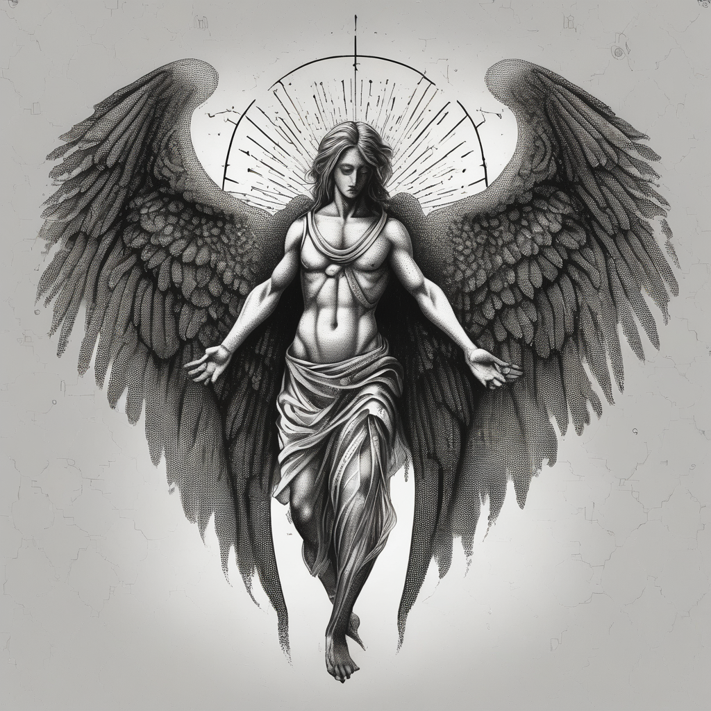 Powerful Biblical angel with six wings angel-of-death, diseño de tatuaje Dotwork generado con IA