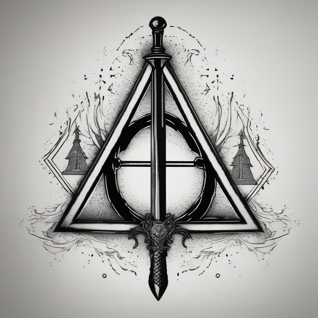 deathly hallows symbol from harry potter with the gryffindor sword in the middle angel-of-death, diseño de tatuaje Dotwork generado con IA