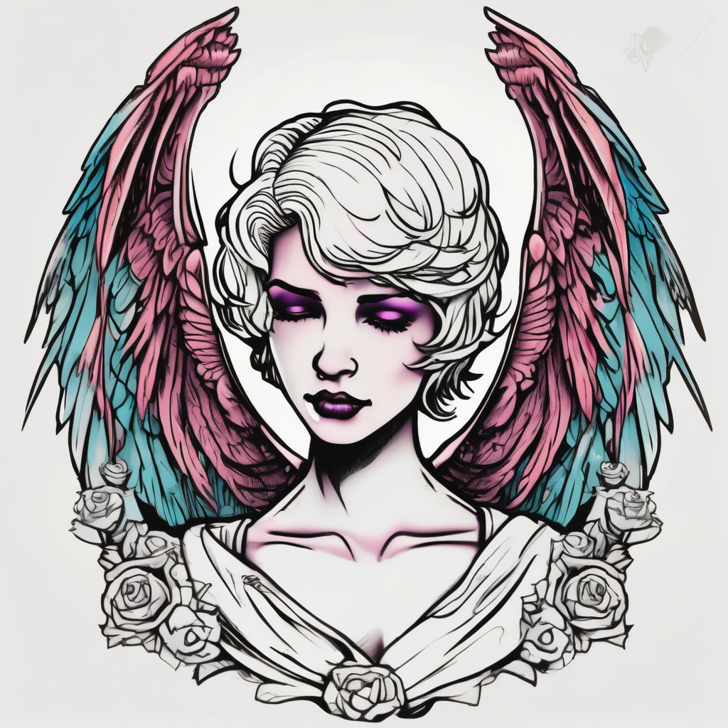 Angel with short hair holding headstone infront of her with large wings angel-of-death, diseño de tatuaje Boceto generado con IA