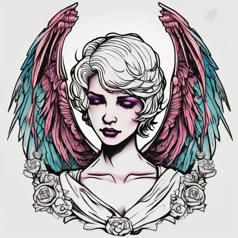 Angel with short hair holding headstone infront of her with large wings