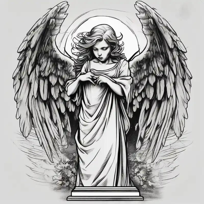 Angel holding headstone with large wings – Boceto, Blanco y negro