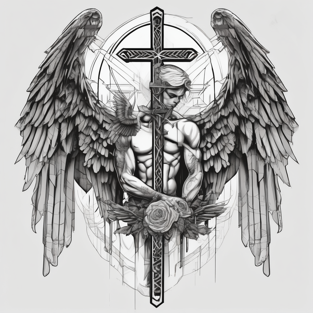 Angel hold headstone in hands with a cross chain hanging down with large wings angel-of-death, diseño de tatuaje Geométrico generado con IA