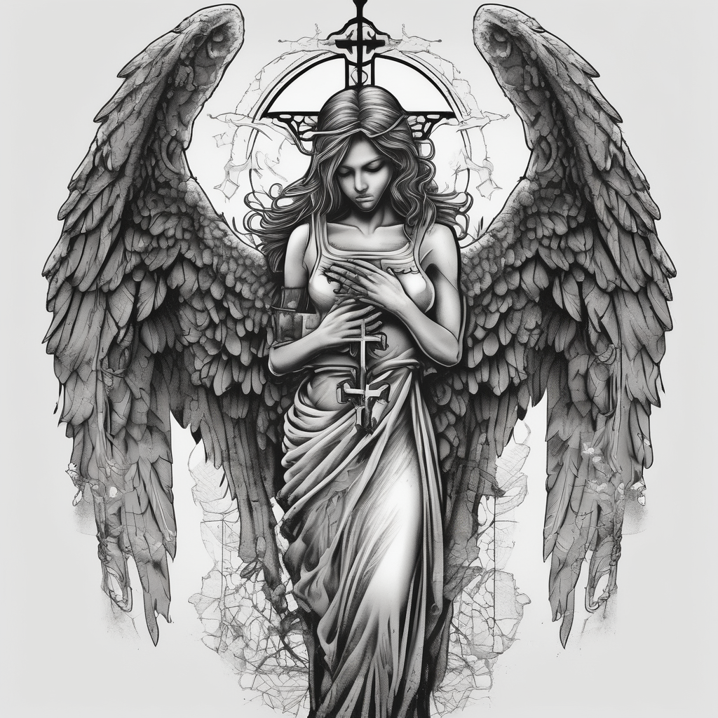 Angel hold headstone in hands with a cross chain hanging down with large wings angel-of-death, diseño de tatuaje Dotwork generado con IA