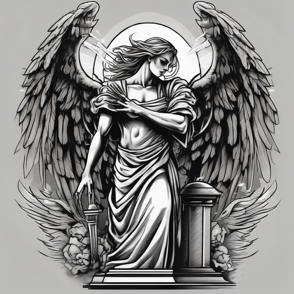 Angel holding headstone with large wings angel-of-death, diseño de tatuaje Blanco y negro generado con IA