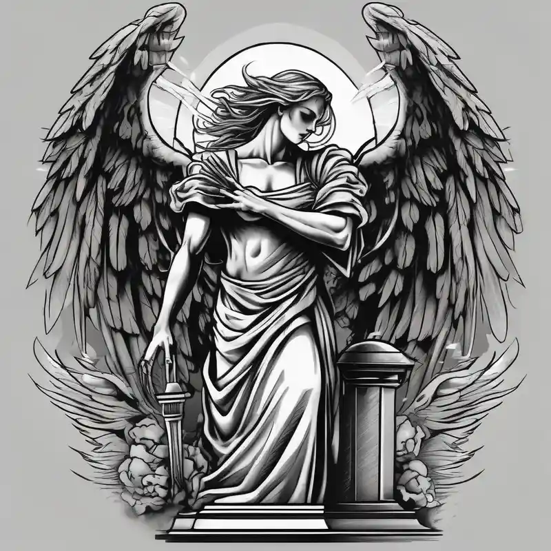 Angel holding headstone with large wings