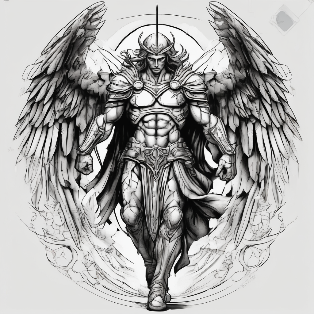 Powerful archangel, warrior, holy angel army angel-of-death, diseño de tatuaje Boceto generado con IA