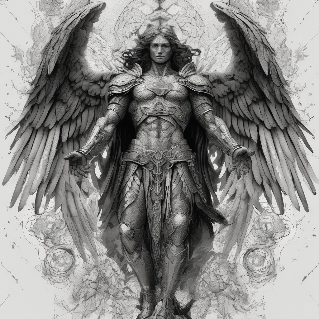Powerful archangel, warrior, holy angel army angel-of-death, diseño de tatuaje Dotwork generado con IA
