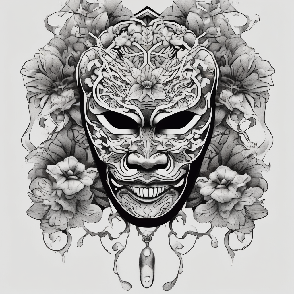 Japanese mask, which is covered with flowers of death according to Japanese mythology angel-of-death(AIが生成したブラックワークスタイルのタトゥーデザイン)