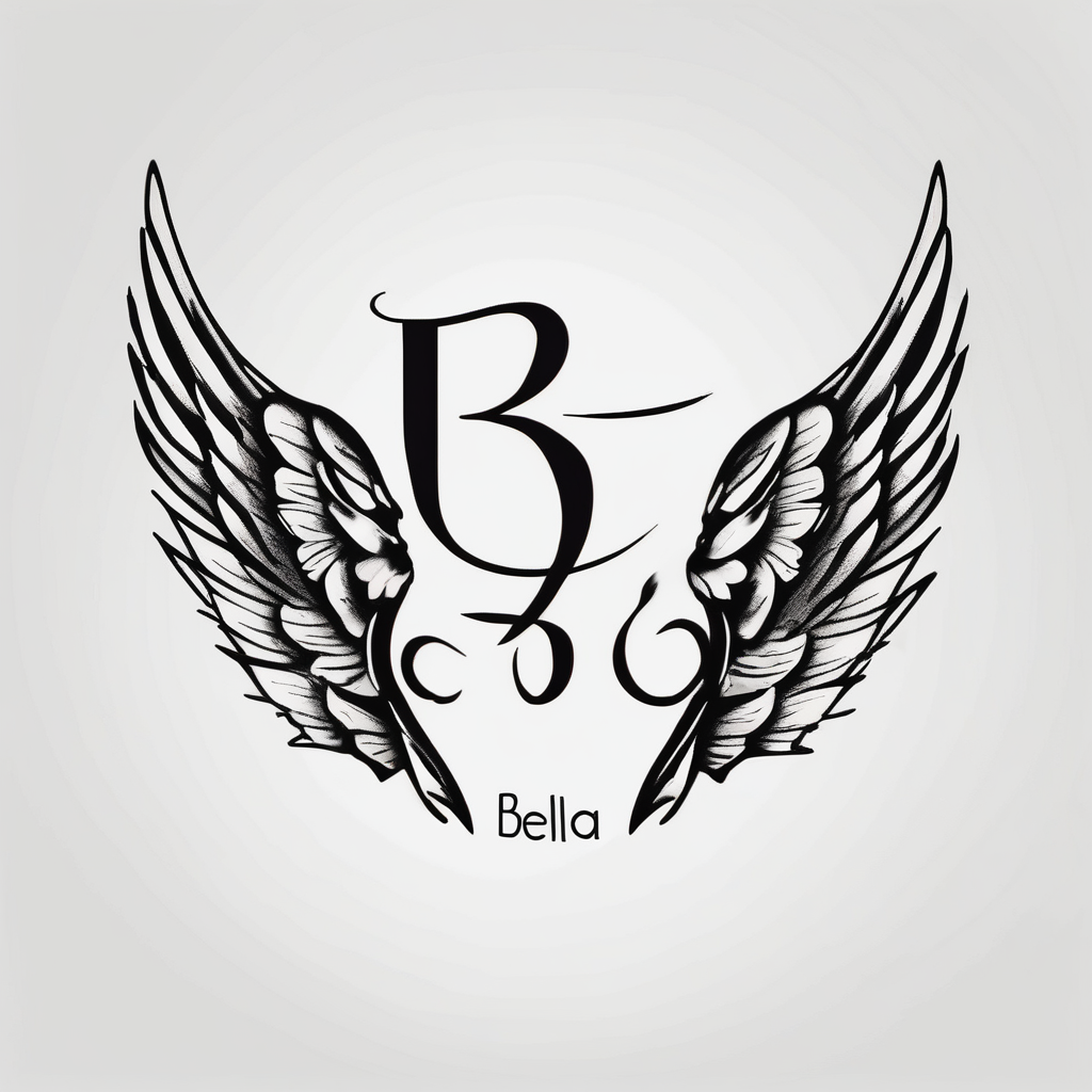 Dog print with angel wings and the name Bella angel-of-death, diseño de tatuaje Minimalista generado con IA